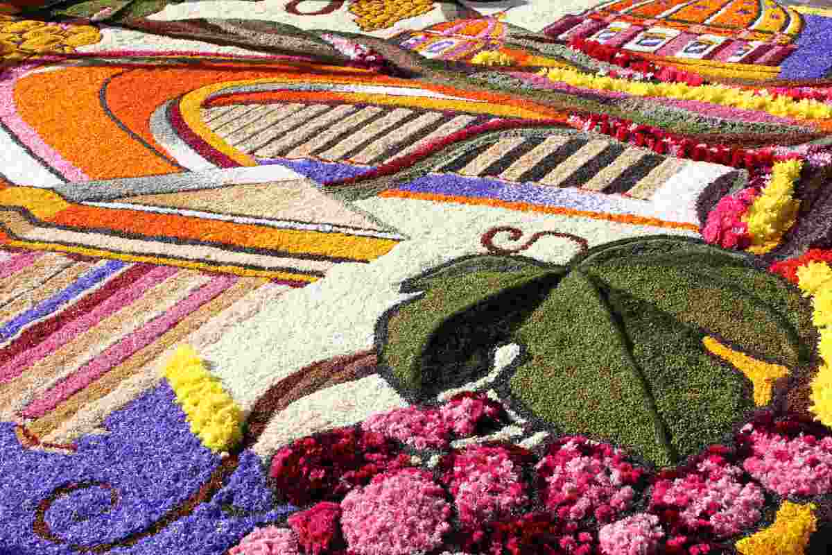 Infiorate d'Italia 2024: ecco le più belle 3 Infiorate d'Italia fiori decorativi su strada con una grande foglia di colore verde